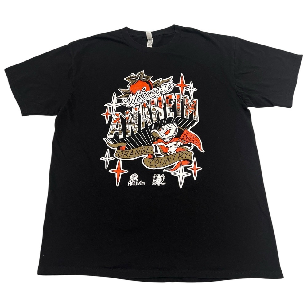 NHL Hockey Anaheim Ducks Black Welcome to Anaheim Orange Country T Shirt Size XL - Picture 1 of 6